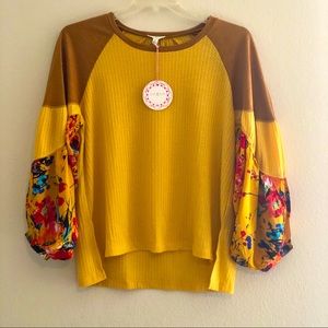 Umgee long sleeve boho bohemian thermal floral wide sleeve top gold yell…